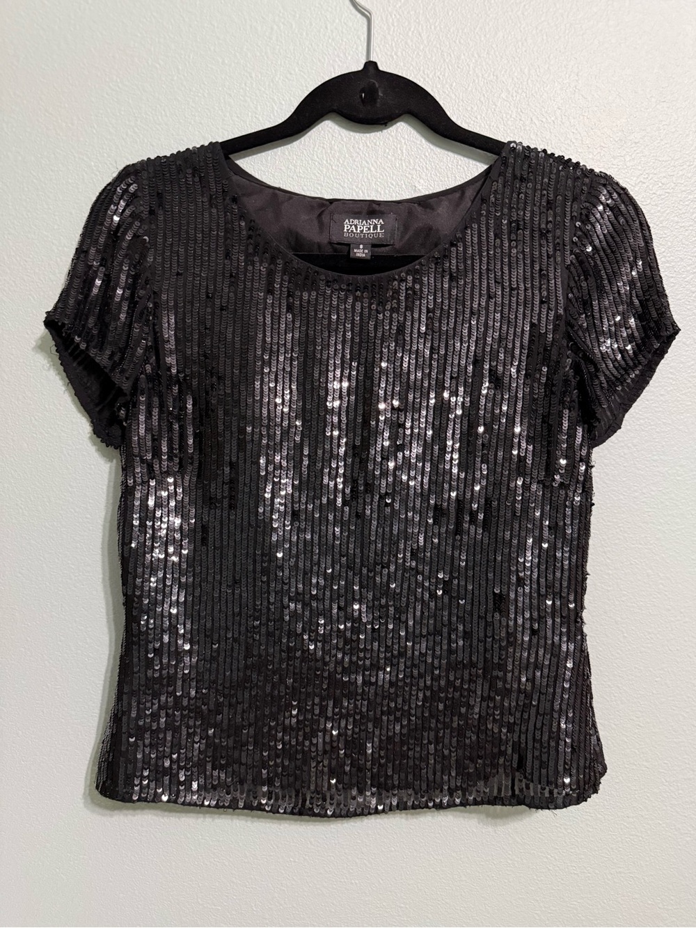 Adrianna Papell Boutique Black Sequin Round Neck Cap Sleeve Blouse Party 8